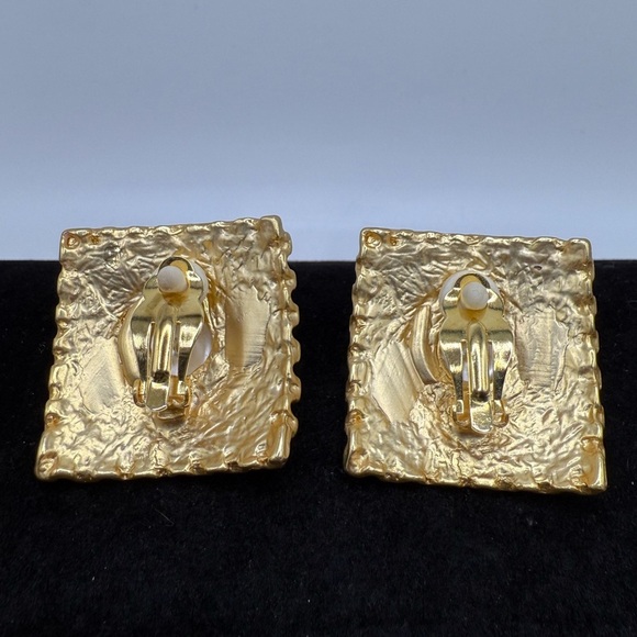 Vintage 80s Style Gold Clip-On Earrings w/ Faux Pearls | Bold Statement Jewelry - Picture 2 of 3